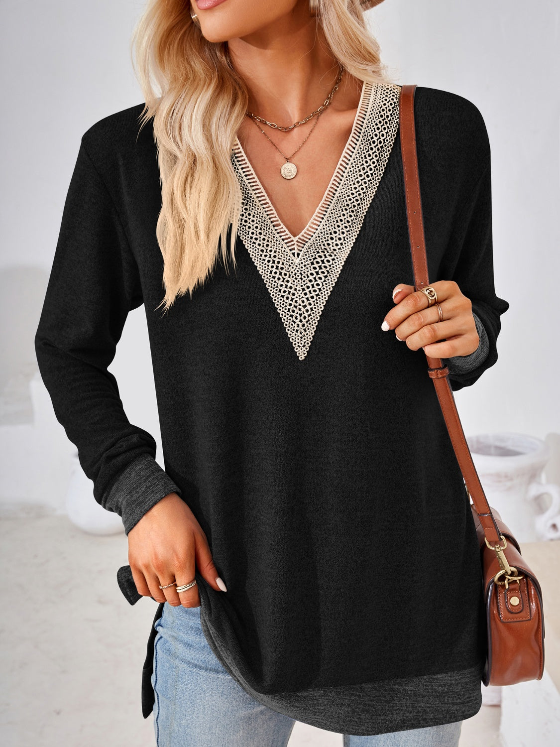 Crochet Contrast V-Neck Long Sleeve Slit T-Shirt-Angel Casuals