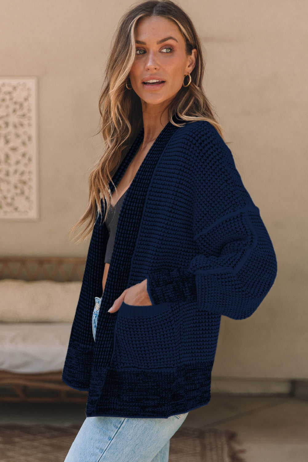 Waffle-knit Pocketed Open Front Cardigan-Angel Casuals