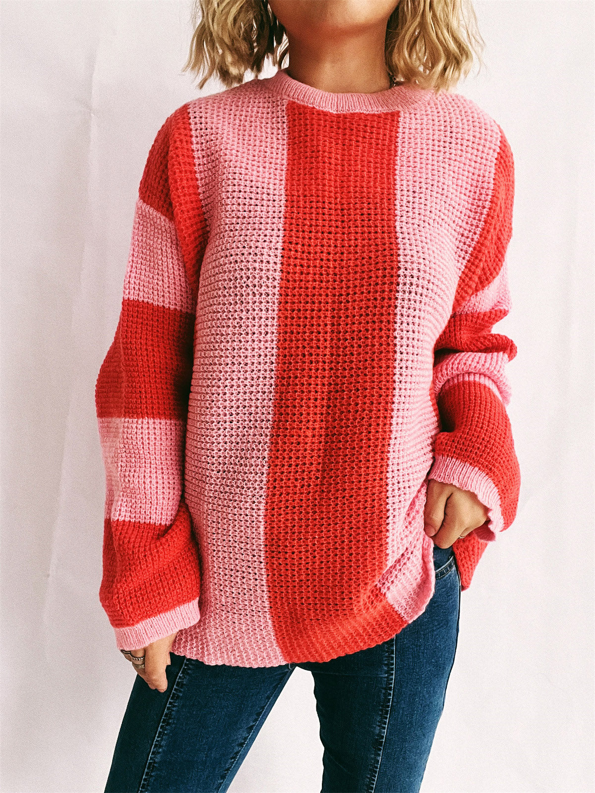 Color Block Round Neck Long Sleeve Sweater-Angel Casuals