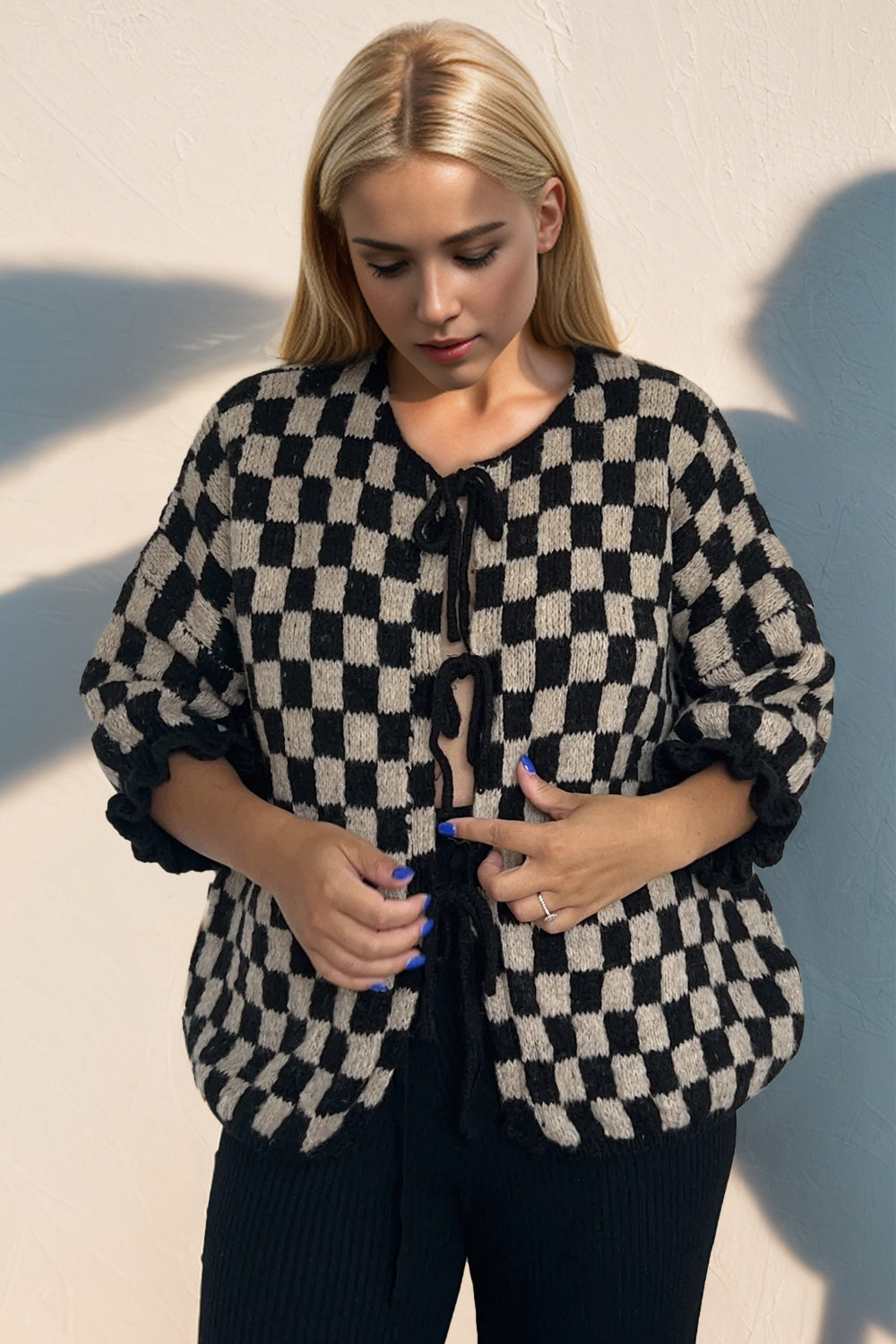 Double Take Tied Checkered Dropped Shoulder Flounce Sleeve Cardigan-Angel Casuals