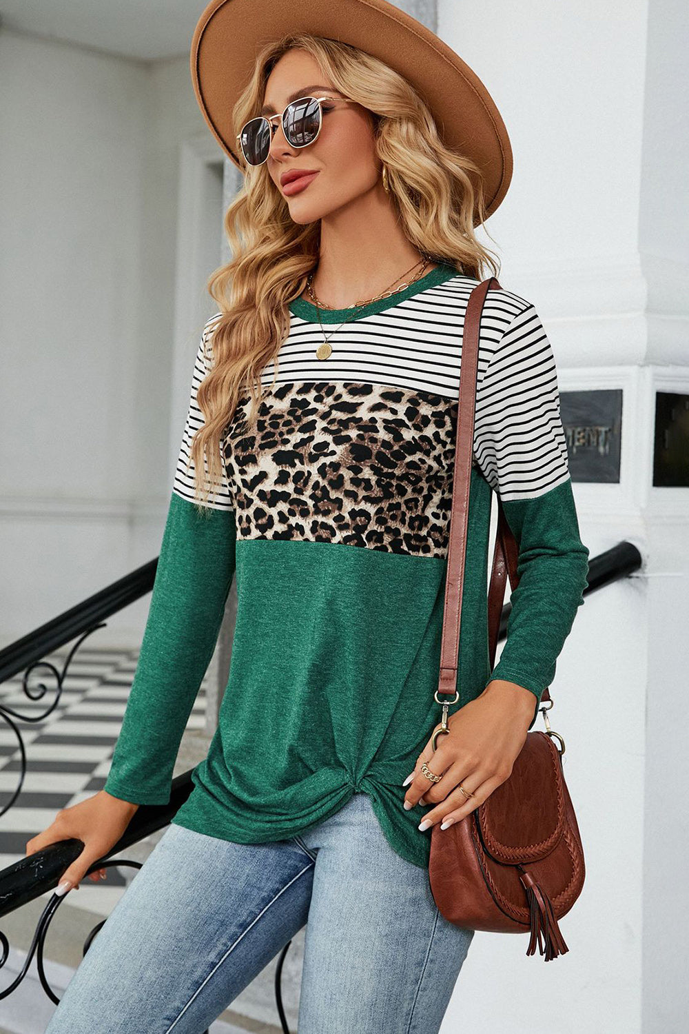 Leopard Striped Round Neck T-Shirt-Angel Casuals