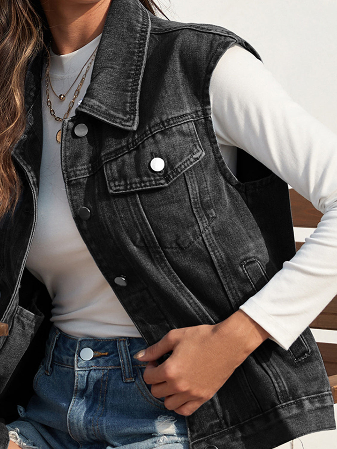 Collared Neck Sleeveless Denim Jacket-Angel Casuals