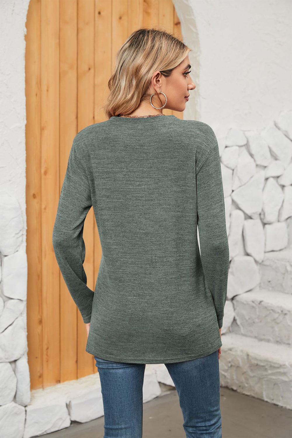Notched Neck Long Sleeve T-Shirt-Angel Casuals