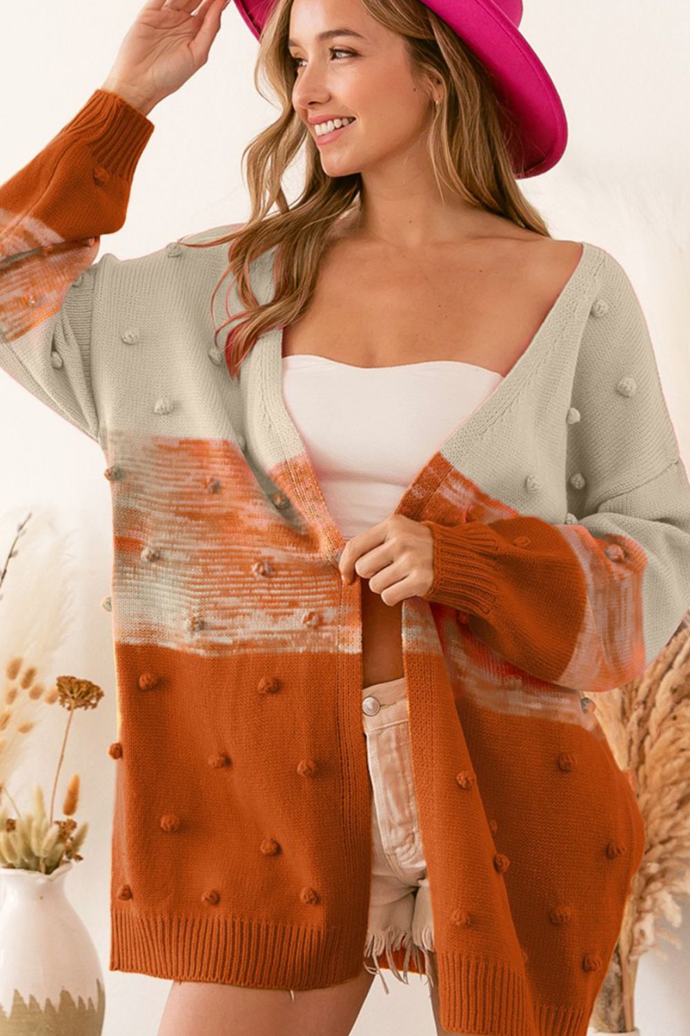 Pompom Color Block Open Front Cardigan-Angel Casuals