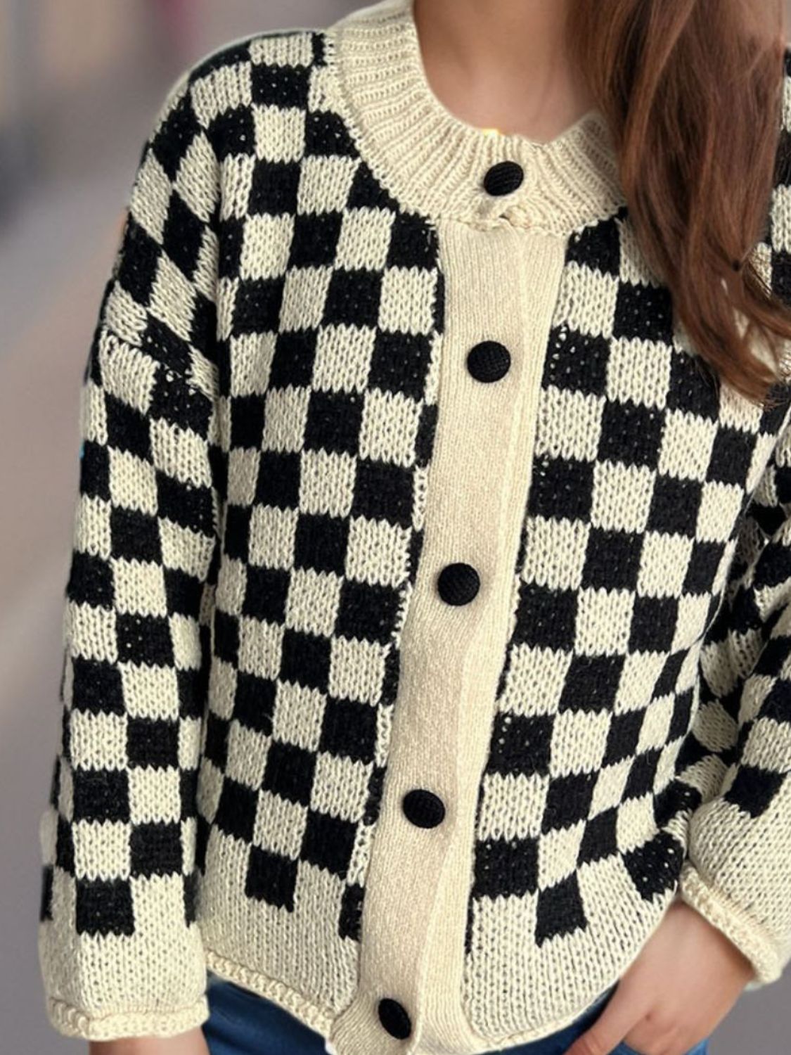 Checkered Button Up Round Neck Cardigan-Angel Casuals