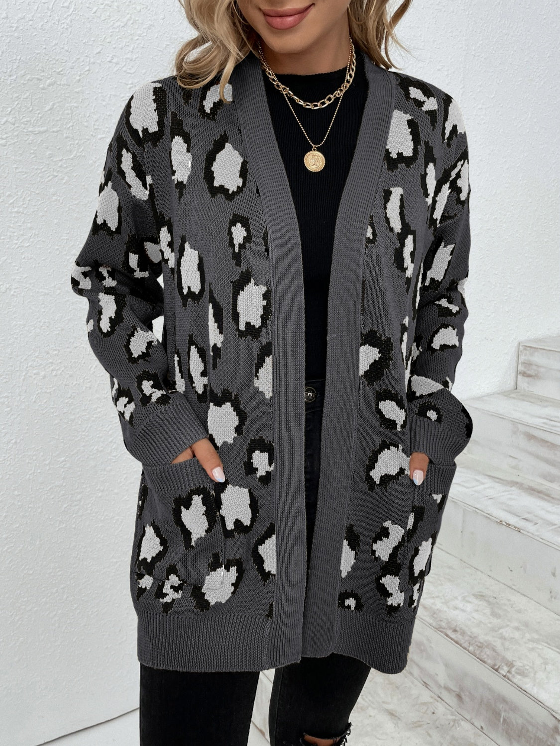 Leopard Open Front Dropped Shoulder Cardigan-Angel Casuals