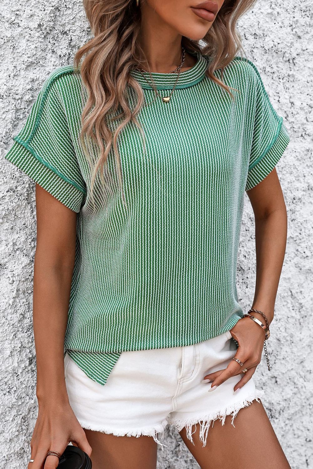 Striped Round Neck Short Sleeve T-Shirt-Angel Casuals