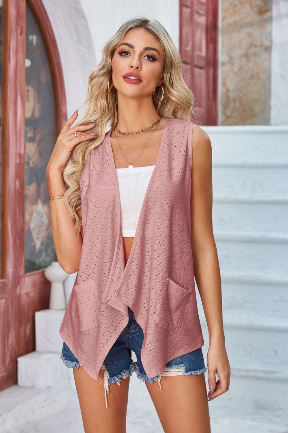 Eyelet Open Front Sleeveless Cardigan-Angel Casuals