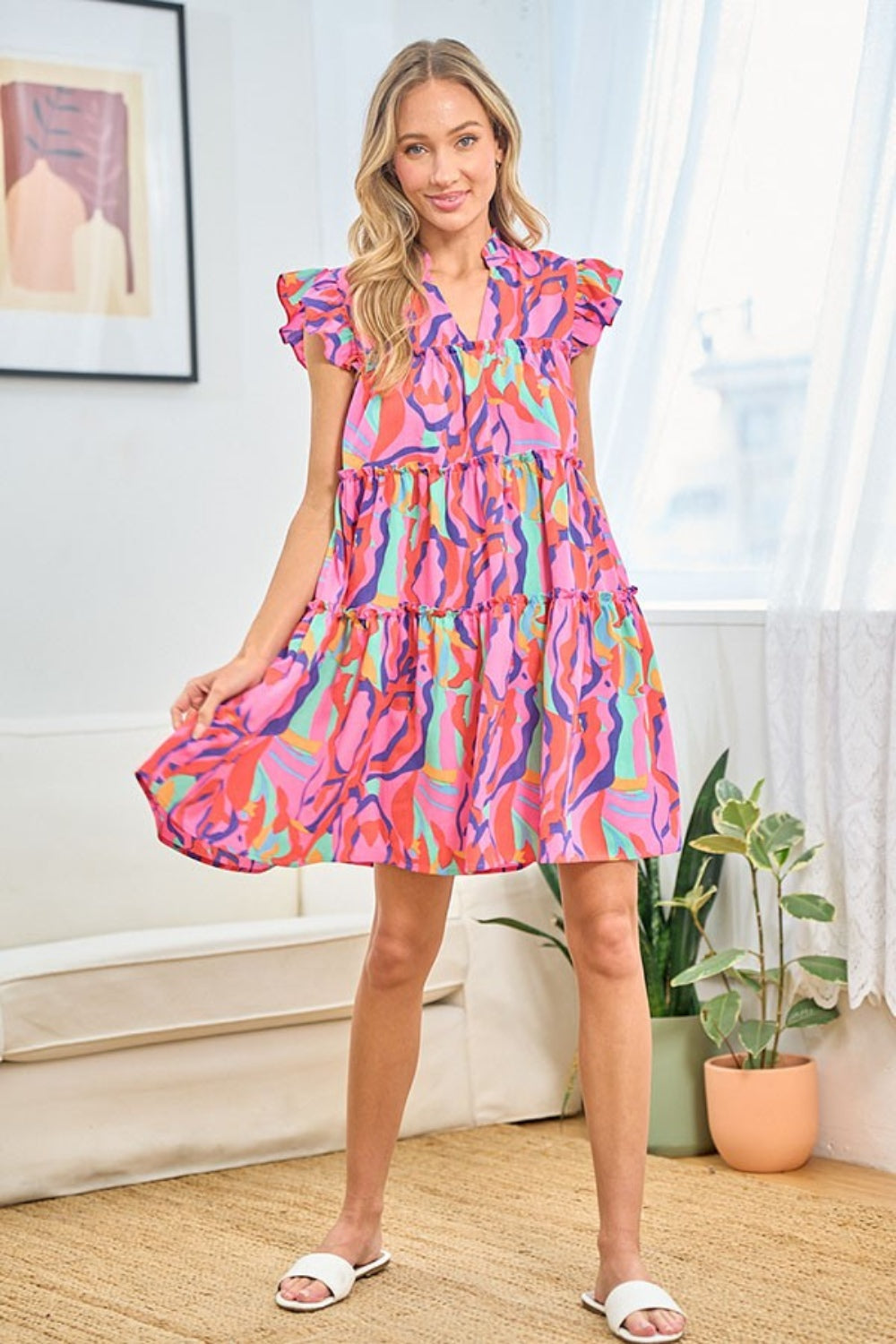 First Love Full Size Printed Ruffle Cap Sleeve Tiered Dress-Angel Casuals