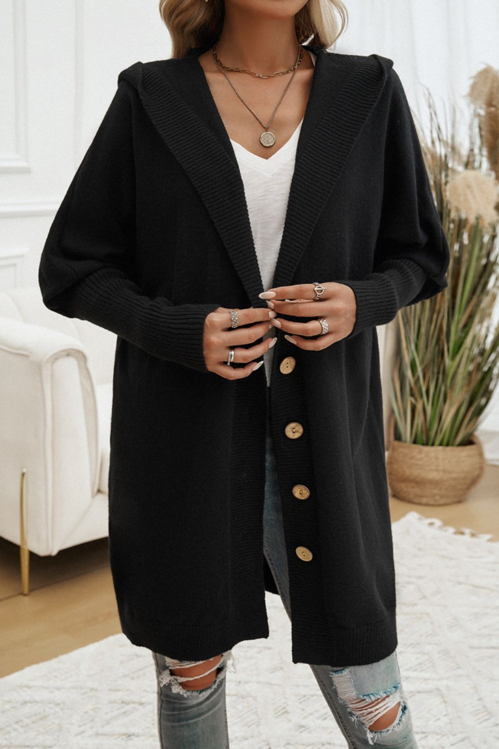 Devine Button Up Long Sleeve Hooded Cardigan-Angel Casuals