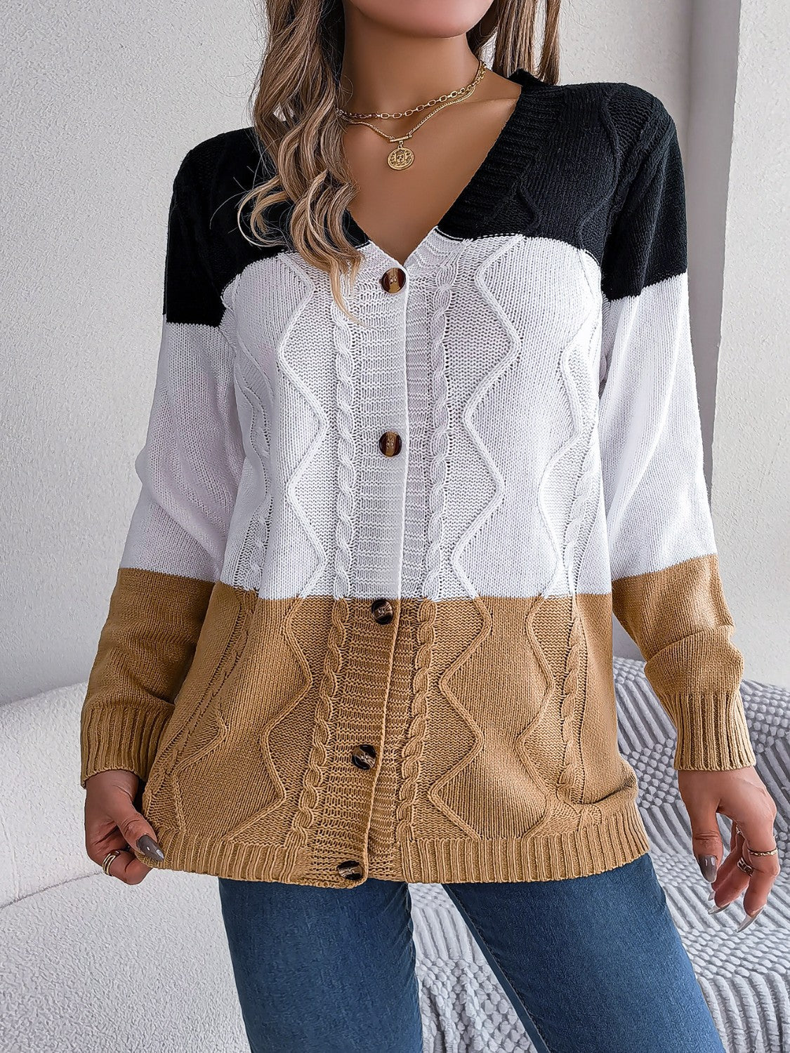 Cable-Knit Striped Button Up Cardigan-Angel Casuals