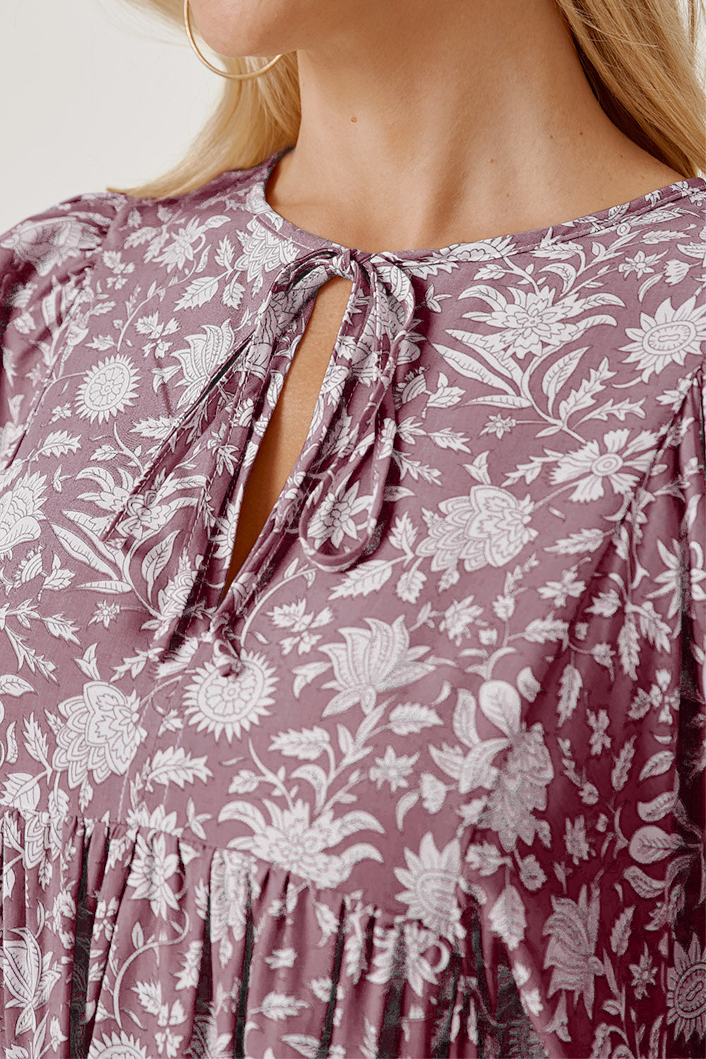 Floral Tie Neck Ruched Babydoll Dress-Angel Casuals