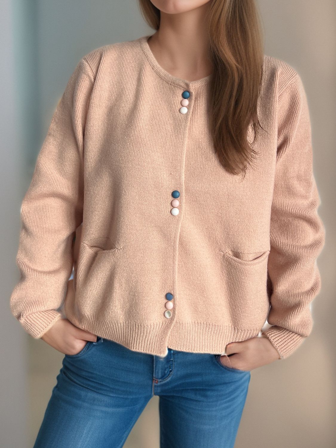 Button Down Long Sleeve Cardigan with Pockets-Angel Casuals