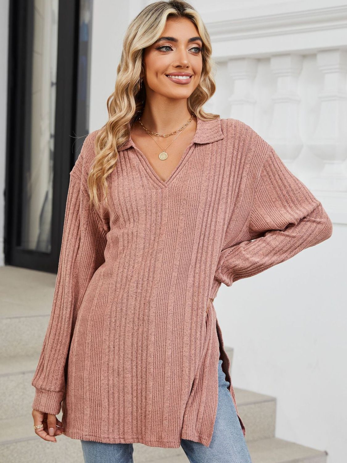 Slit Johnny Collar Long Sleeve T-Shirt-Angel Casuals