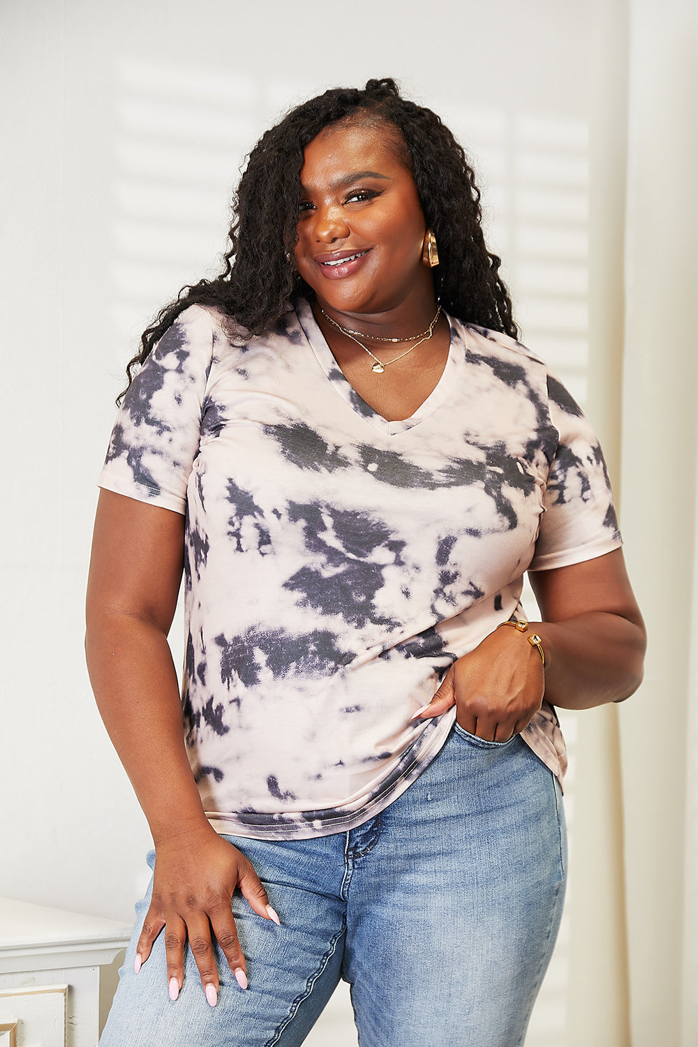 Double Take Tie-Dye V-Neck T-Shirt-Angel Casuals