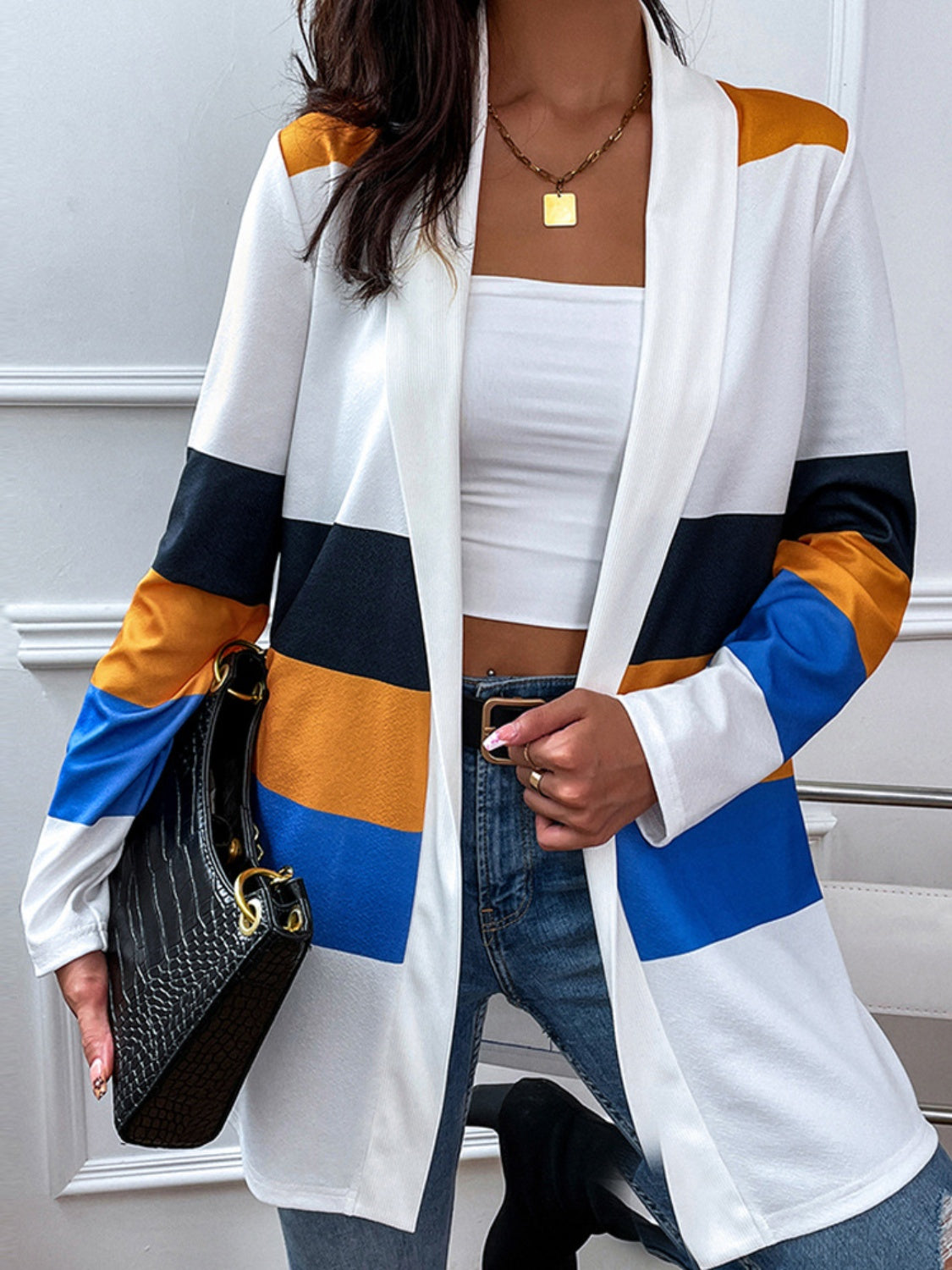 Shiny Color Block Open Front Cardigan-Angel Casuals