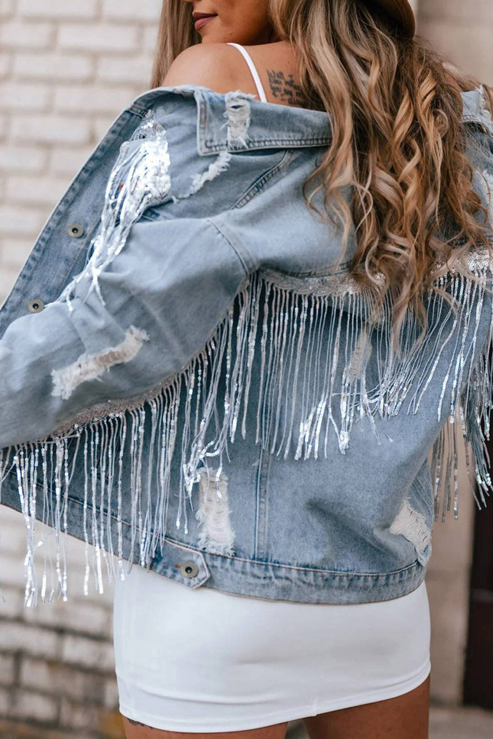 Sequin Fringe Trim Distressed Button Up Denim Jacket-Angel Casuals