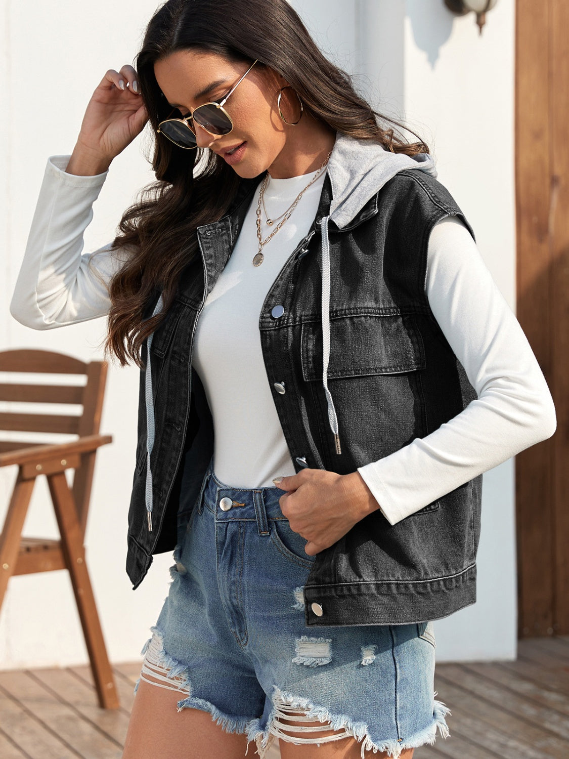 Drawstring Button Up Sleeveless Denim Jacket-Angel Casuals