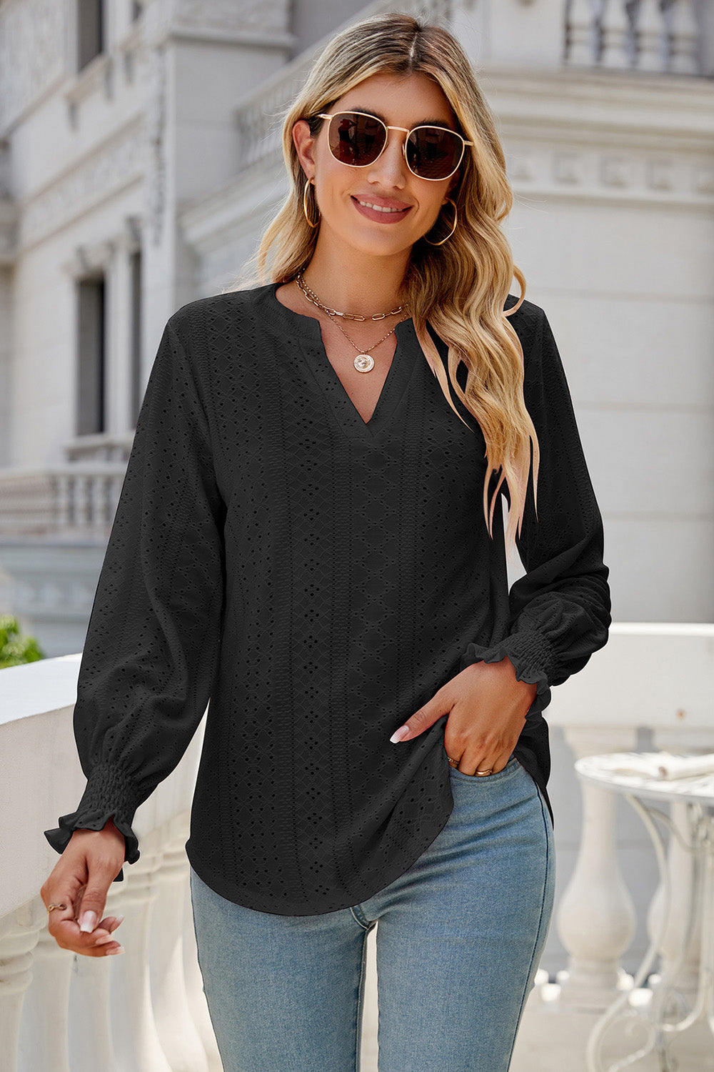 Eyelet Notched Lantern Sleeve T-Shirt-Angel Casuals