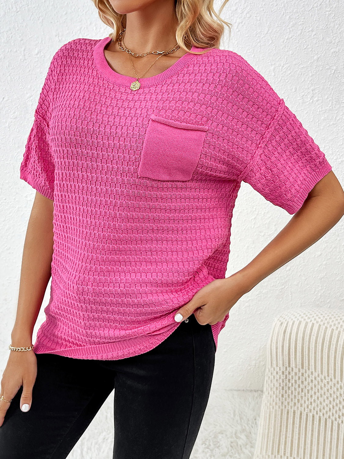 Round Neck Half Sleeve Knit Top-Angel Casuals