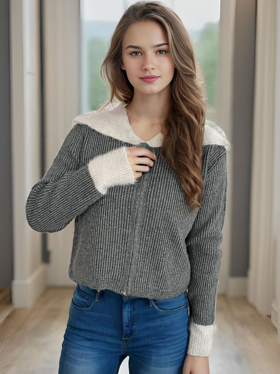 Zip Up Collared Neck Long Sleeve Cardigan-Angel Casuals