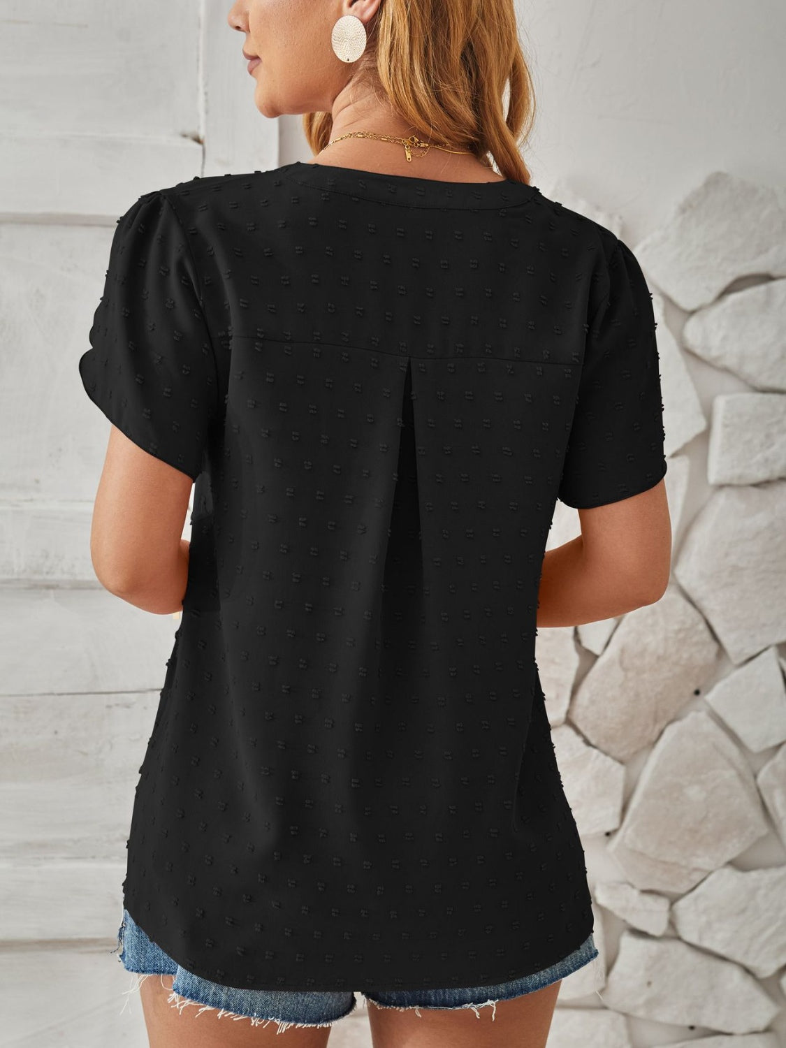 Swiss Dot Notched Petal Sleeve T-Shirt-Angel Casuals