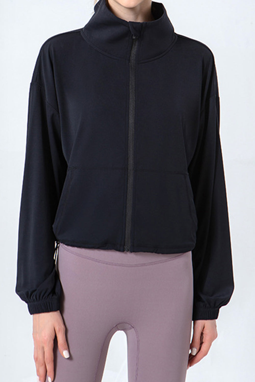 Drawstring Zip Up Dropped Shoulder Active Outerwear-Angel Casuals