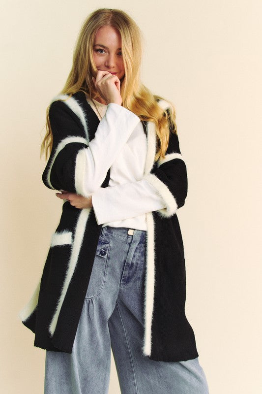 Davi & Dani Fuzzy Trim Open Front Loose Fit Cardigan-Angel Casuals