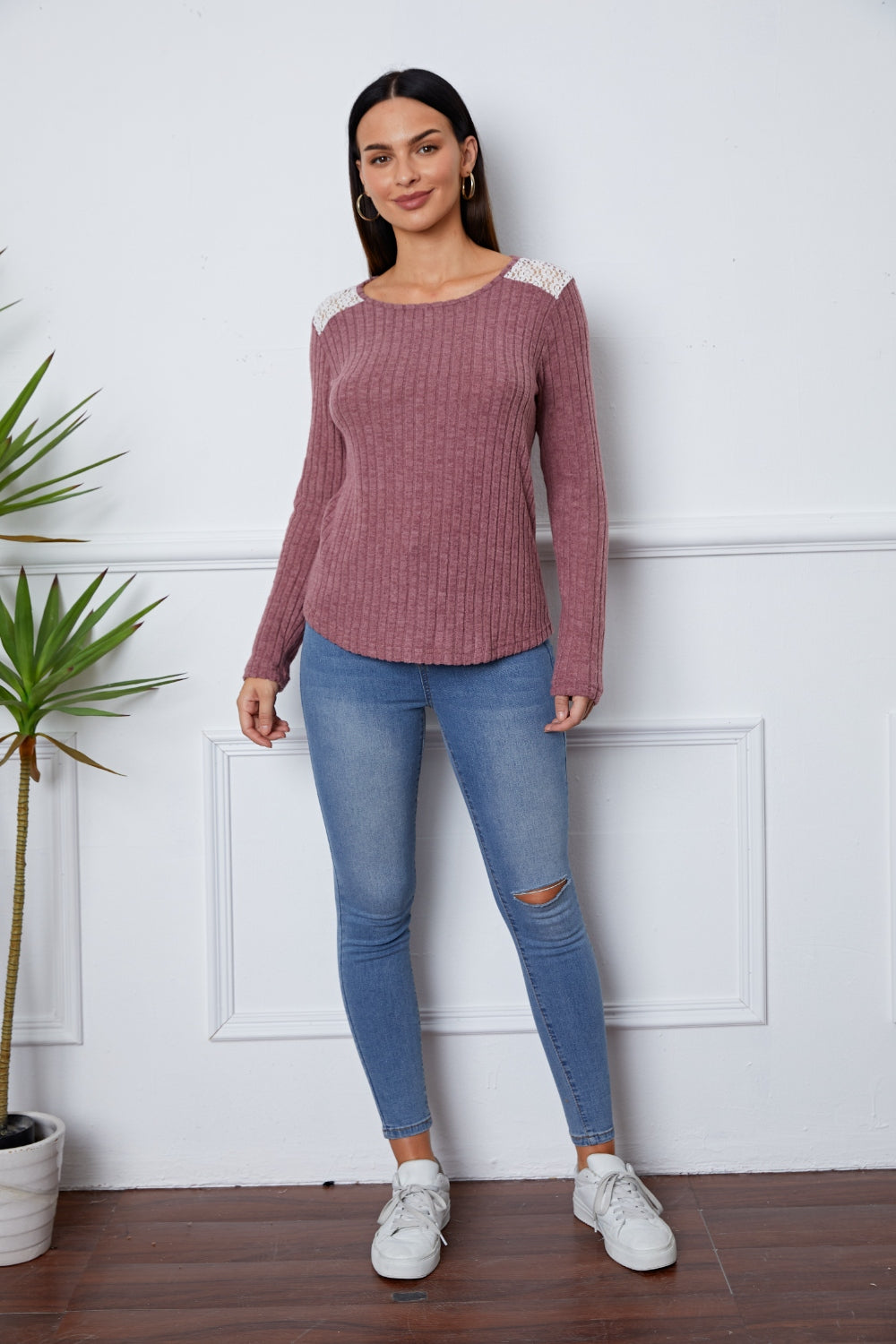 Lace Detail Long Sleeve T-Shirt-Angel Casuals