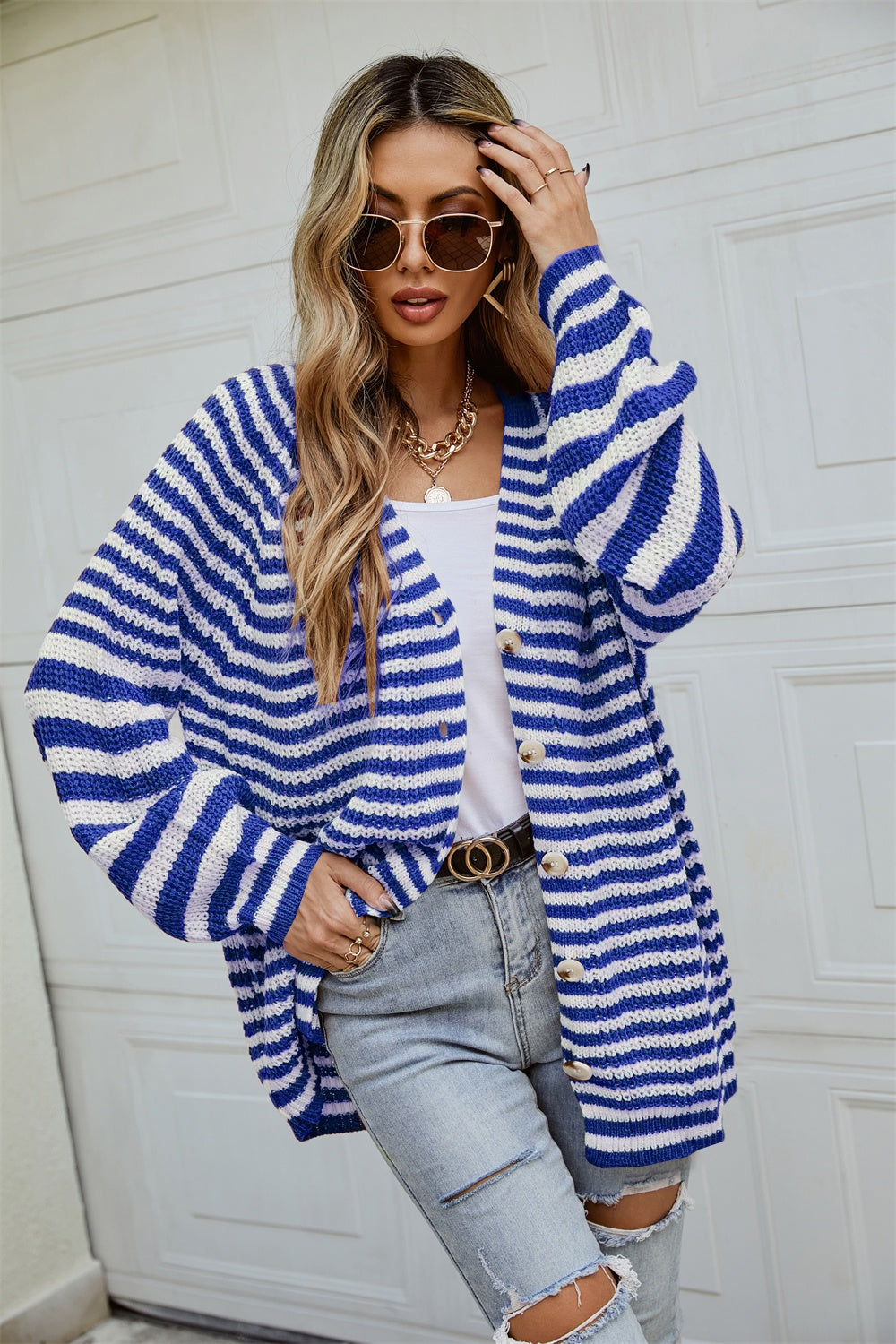 Angel Wings Striped Button Up Long Sleeve Cardigan-Angel Casuals