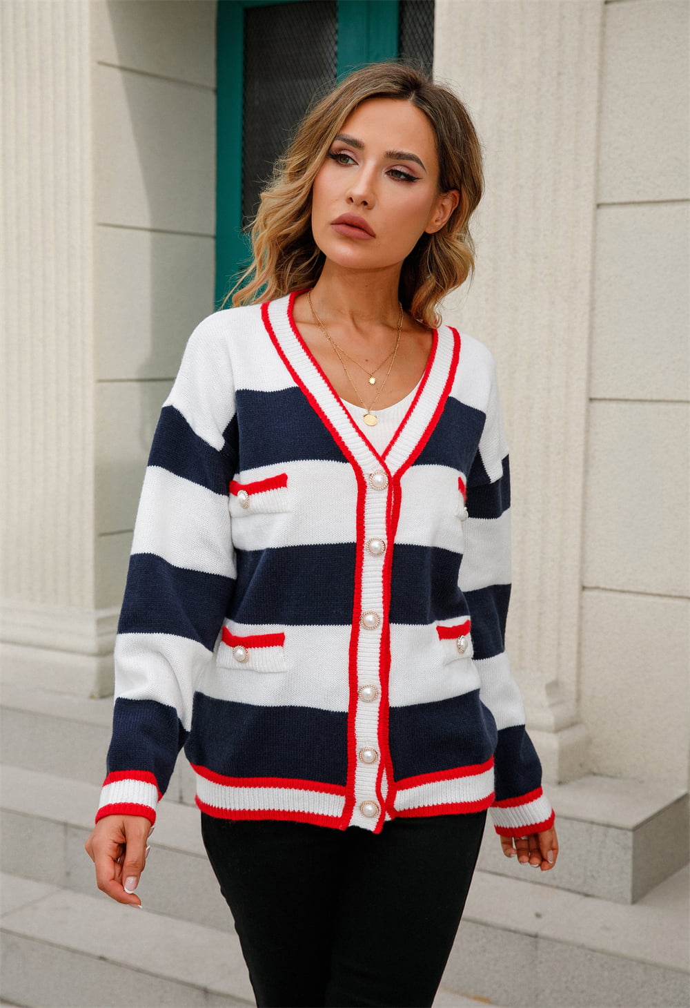 Color Block V-Neck Long Sleeve Cardigan-Angel Casuals