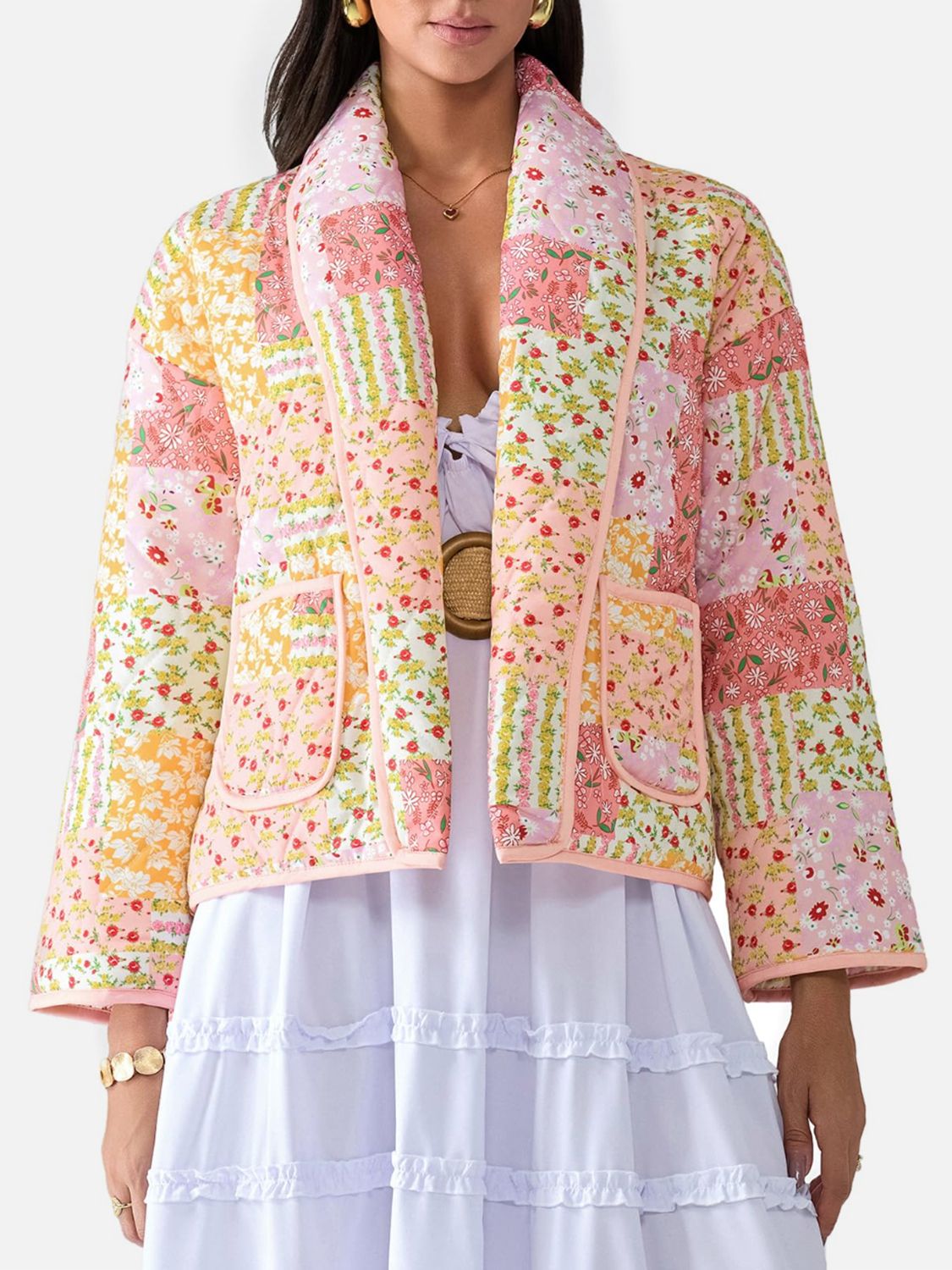 Printed Patchwork Open Front Cardigan with Pockets-Angel Casuals