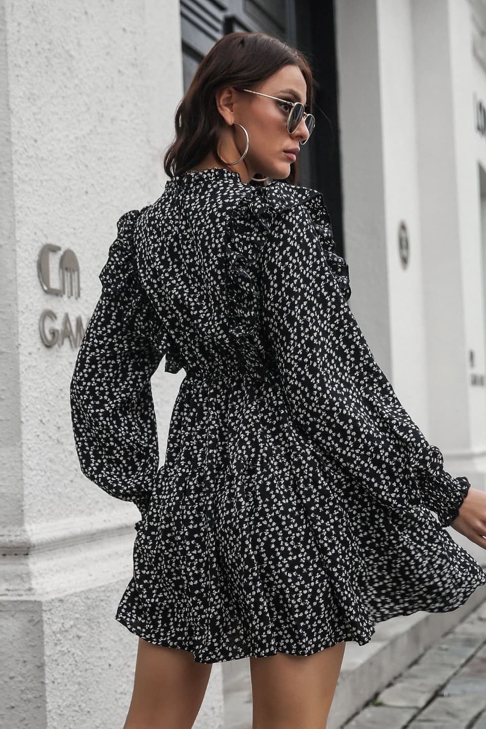 Printed Ruffle Trim Smocked Long Sleeve Mini Dress-Angel Casuals