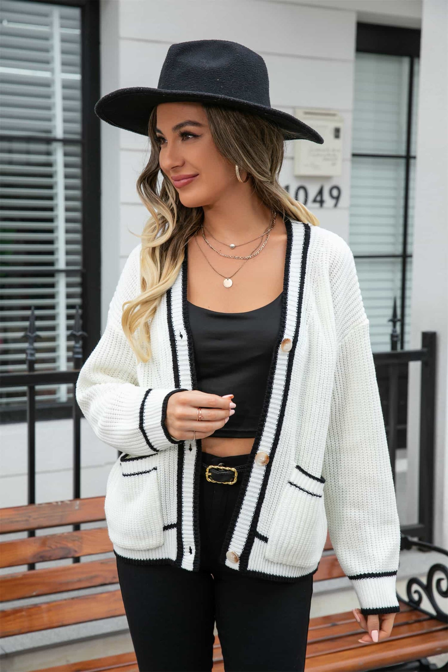 Waffle Knit V-Neck Cardigan with Pocket-Angel Casuals