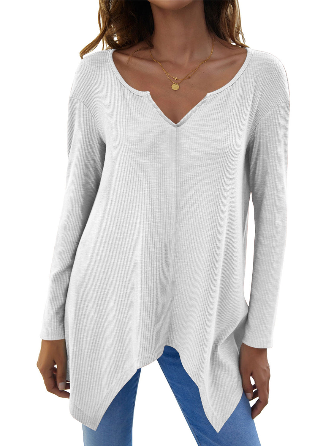 Full Size V-Neck Long Sleeve T-Shirt-Angel Casuals