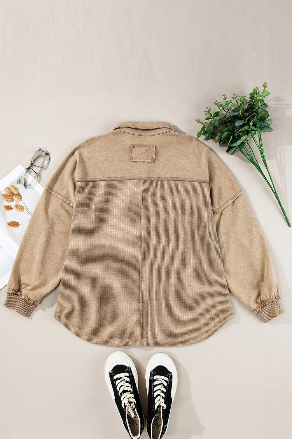 Waffle-Knit Collared Neck Long Sleeve Shacket-Angel Casuals