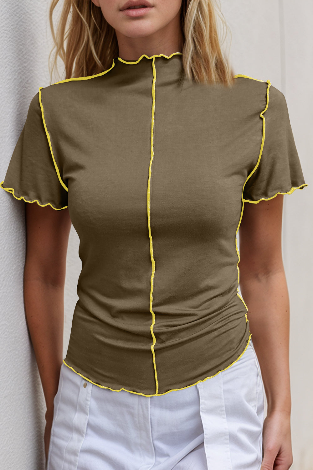 Basic Bae Contrast Trim Mock Neck Short Sleeve T-Shirt-Angel Casuals