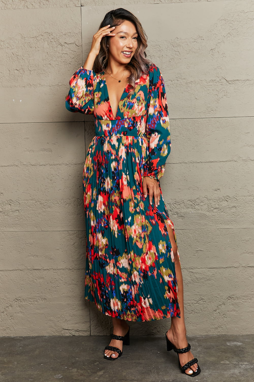 Printed Deep V Slit Pleated Dress-Angel Casuals