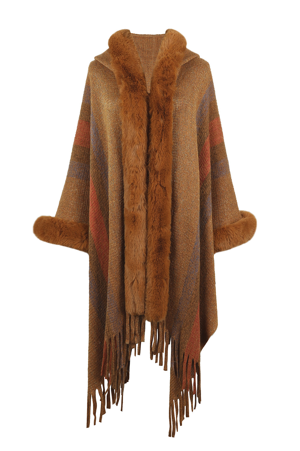 Color Block Fringe Detail Poncho-Angel Casuals