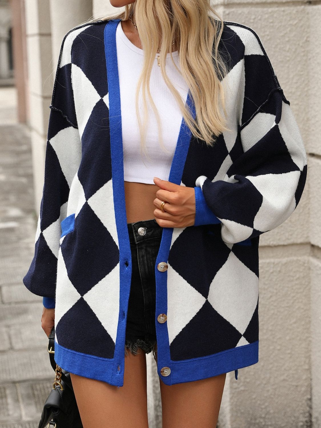 Checkered Dropped Shoulder Long Sleeve Cardigan-Angel Casuals
