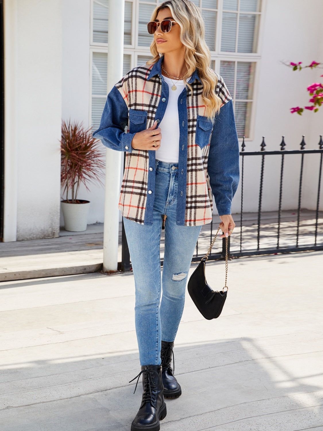 Plaid Long Sleeve Denim Jacket-Angel Casuals