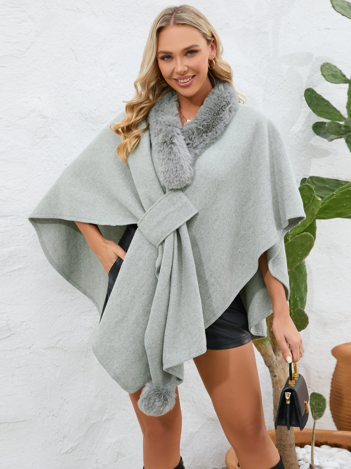 Fuzzy Trim Open Front Poncho-Angel Casuals
