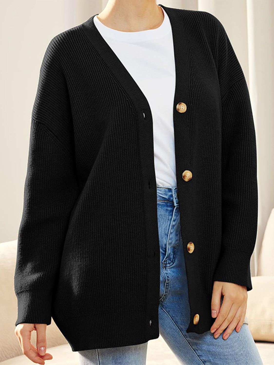 Button Down V-Neck Long Sleeve Cardigan-Angel Casuals