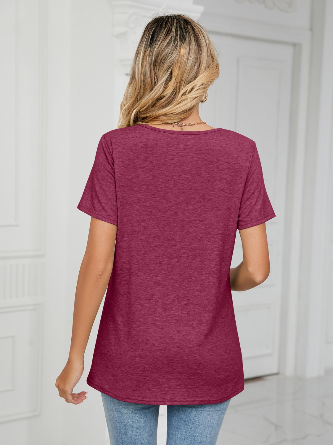 Ruched V-Neck Short Sleeve T-Shirt-Angel Casuals