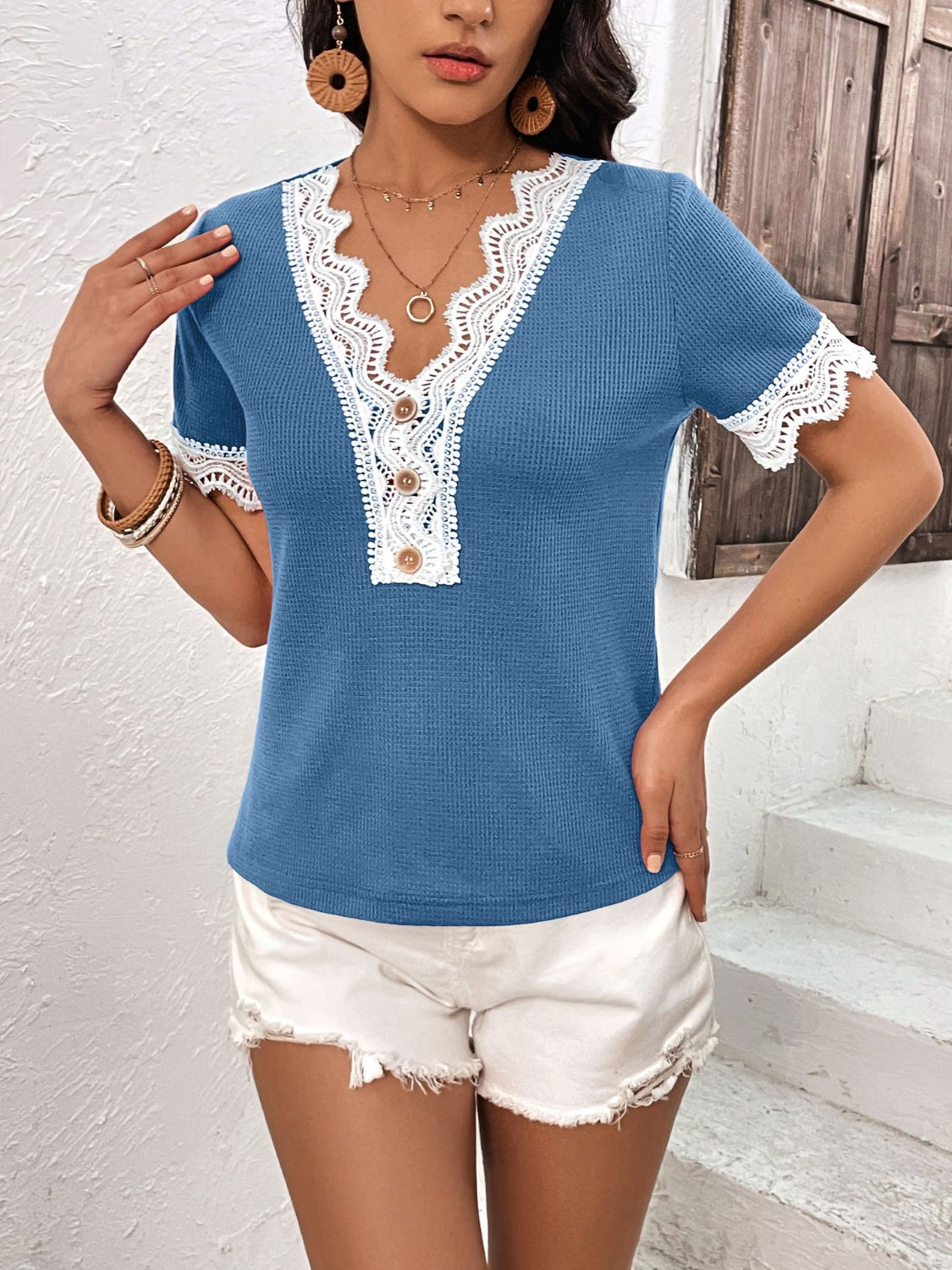 Lace Detail V-Neck Short Sleeve T-Shirt-Angel Casuals