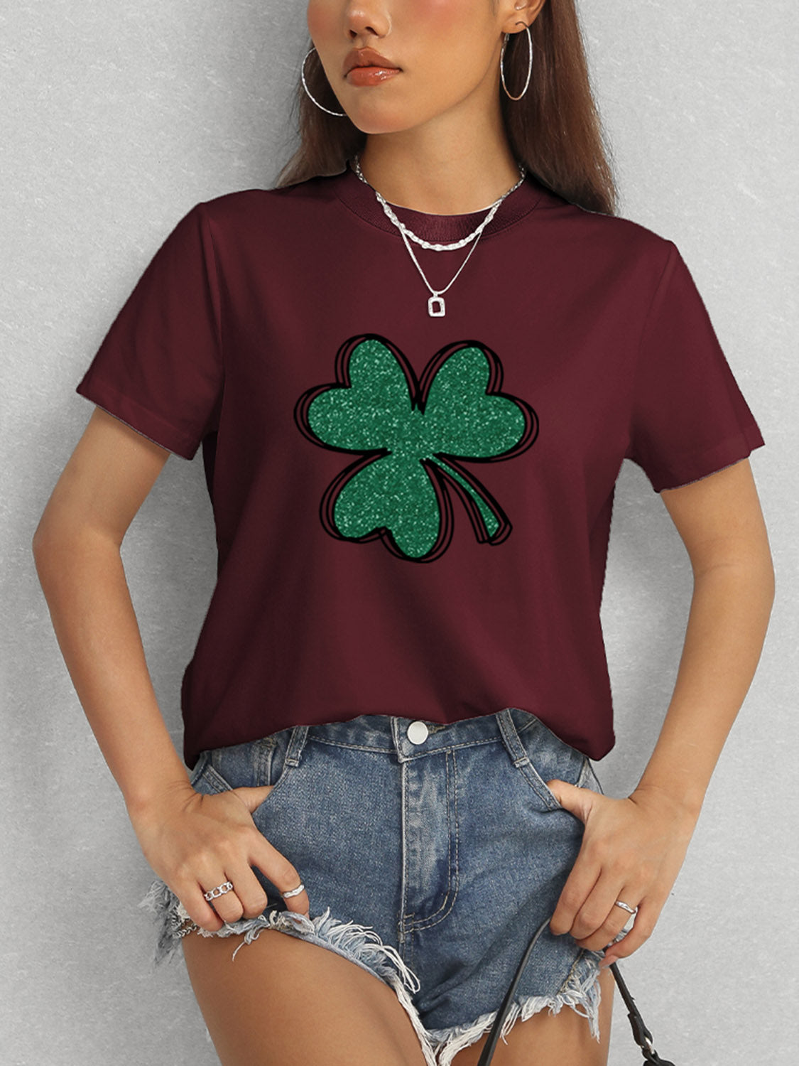 Lucky Clover Round Neck T-Shirt-Angel Casuals