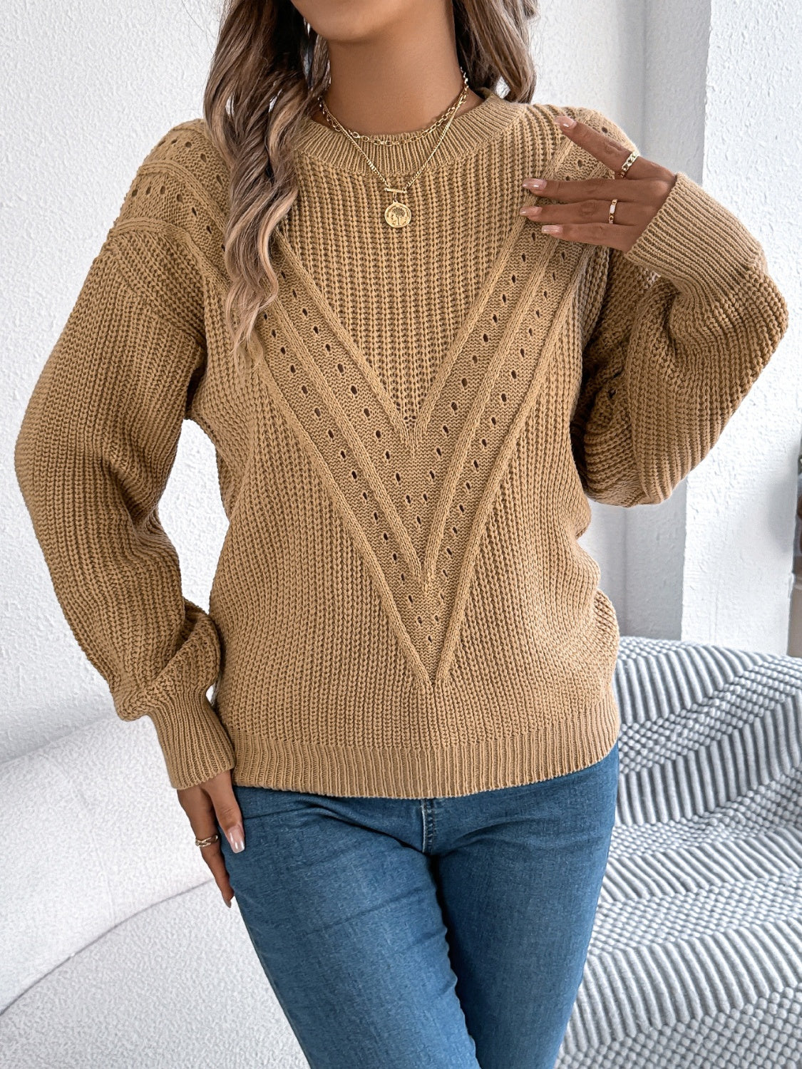 Openwork Round Neck Long Sleeve Sweater-Angel Casuals
