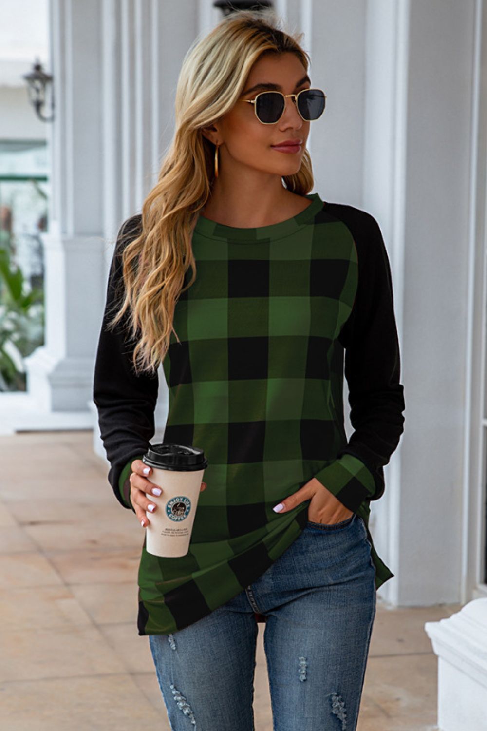 Plaid Round Neck Long Sleeve T-Shirt-Angel Casuals