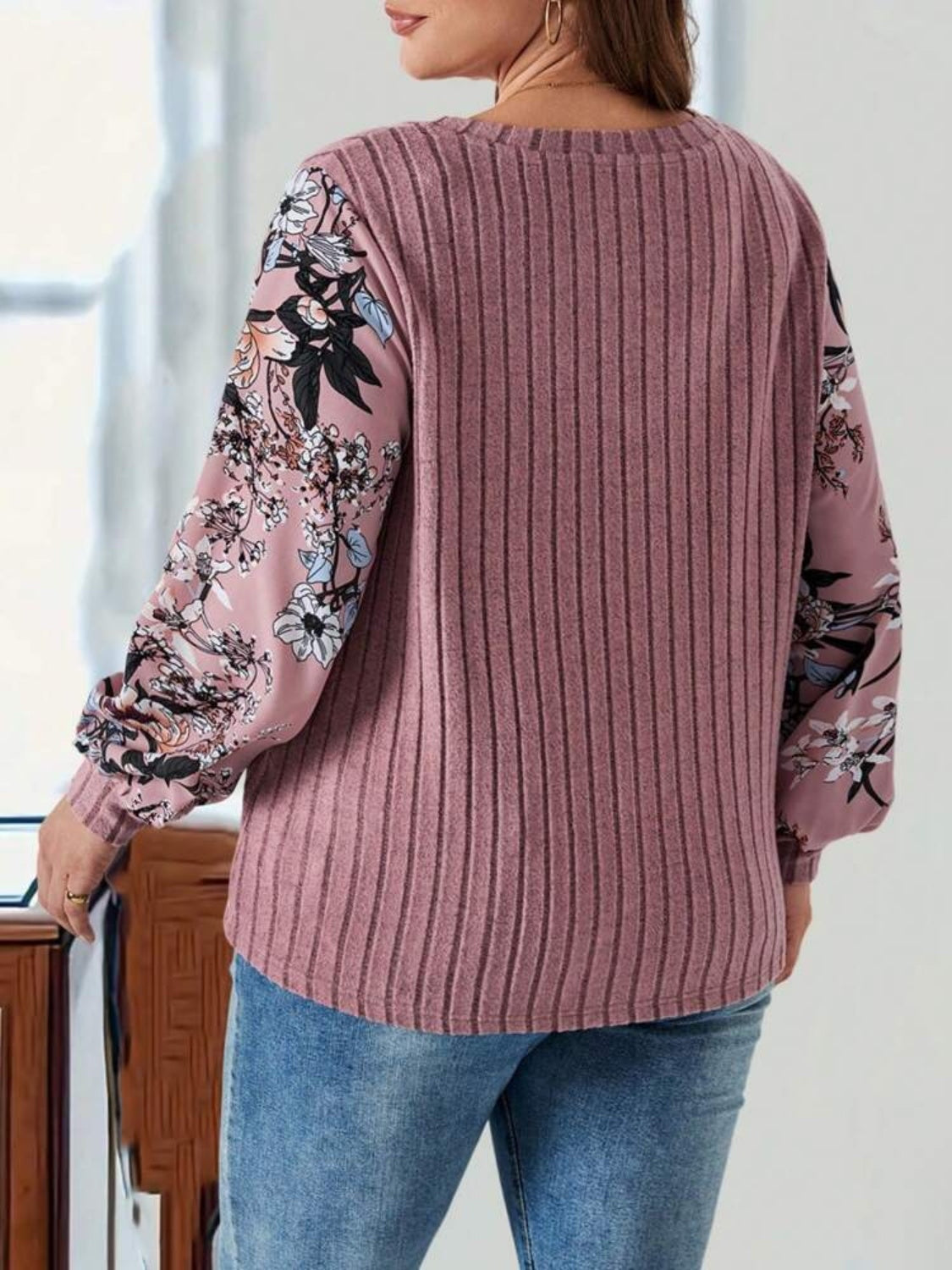 Plus Size Printed V-Neck Long Sleeve T-Shirt-Angel Casuals