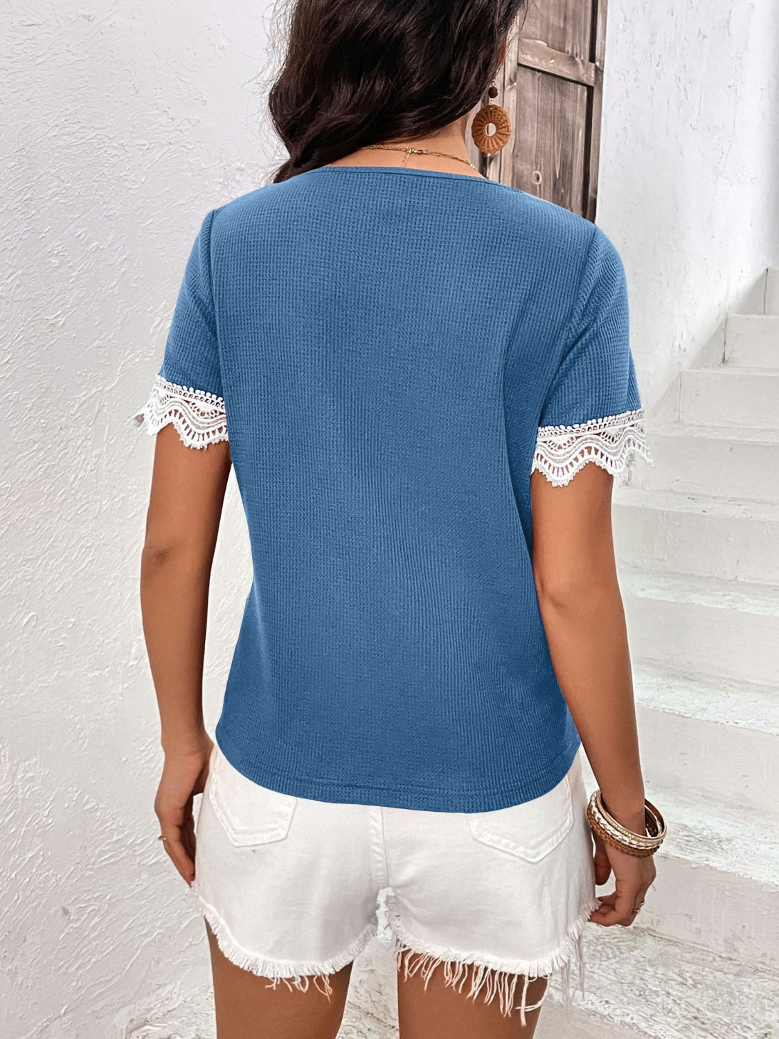 Lace Detail V-Neck Short Sleeve T-Shirt-Angel Casuals